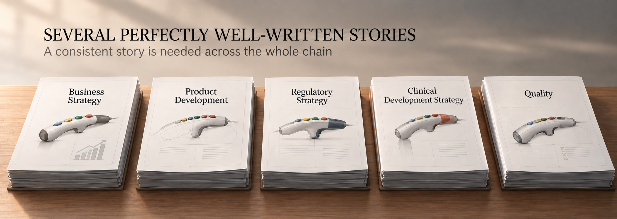 Several Perfectly Well-Written Stories illustration showing separate Business Strategy, Product Development, Regulatory Strategy, Clinical Development Strategy and Quality documents that need one consistent story.