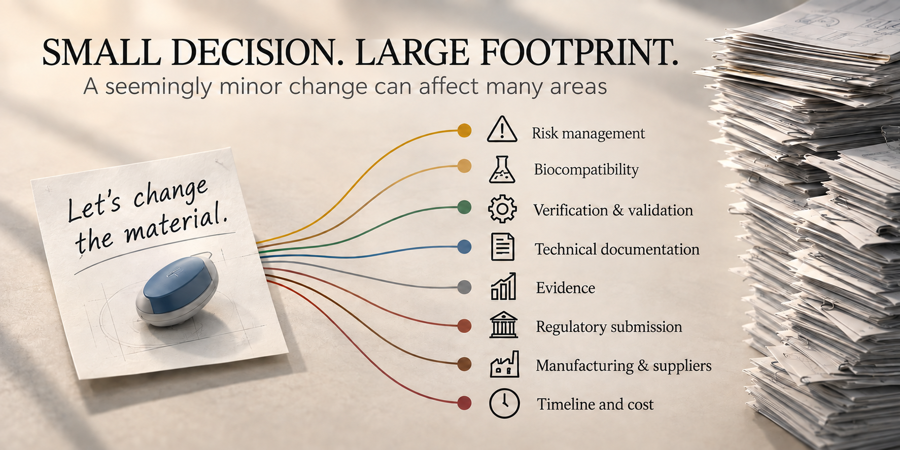 Small Decision, Large Footprint diagram showing how a material change can affect risk management, biocompatibility, verification and validation, technical documentation, evidence, regulatory submission, manufacturing, suppliers, timeline and cost.