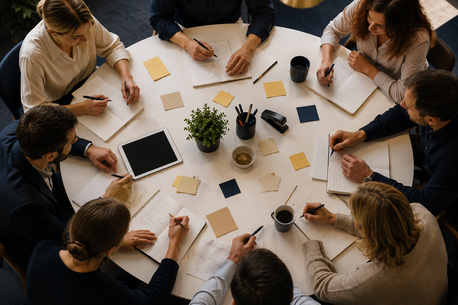 Overhead view of a cross-functional team collaborating around a round table with notebooks, sticky notes and a tablet during a product strategy workshop.