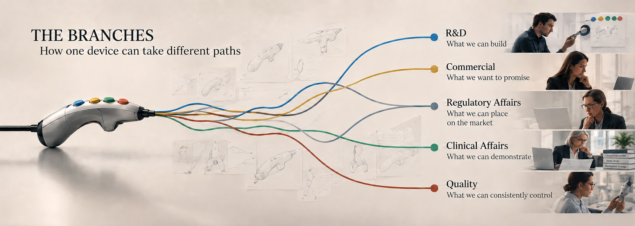 The Branches diagram showing how one medical device can take different paths through R&D, Commercial, Regulatory Affairs, Clinical Affairs and Quality.