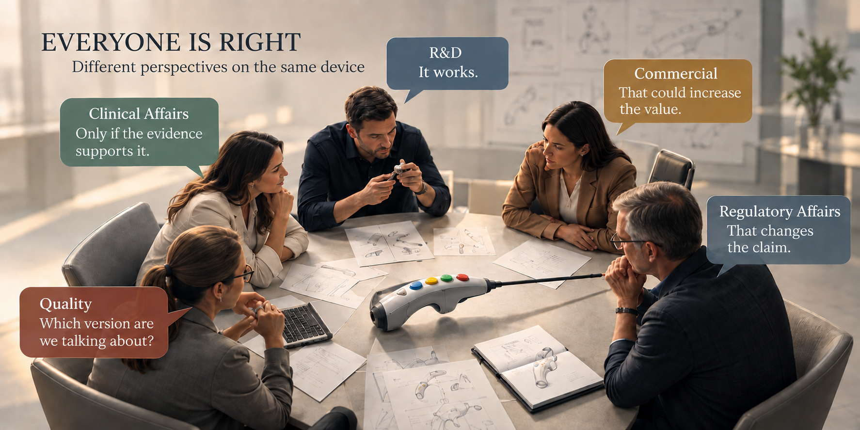 Everyone Is Right illustration showing R&D, Commercial, Regulatory Affairs, Clinical Affairs and Quality expressing different perspectives on the same medical device.