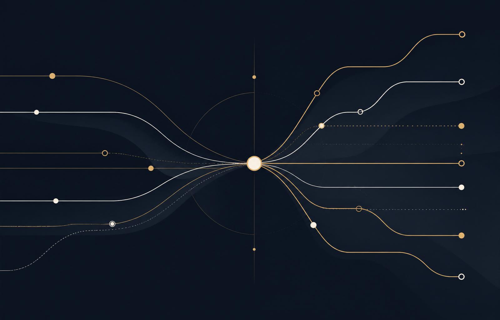 Abstract editorial illustration of converging and diverging pathways in navy, cream and gold, suggesting the varied routes medical technologies take into clinical practice.